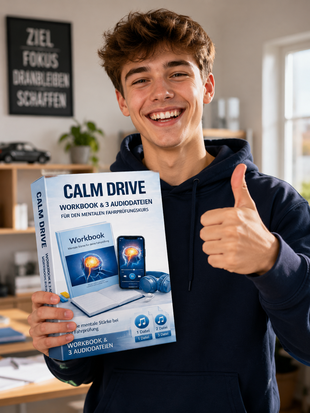 Junger Mann mit dem CalmDrive Workbook – ruhig und selbstsicher zur Fahrprüfung